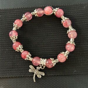 Elegant Pink Beaded Bracelet with Dragonfly Charm